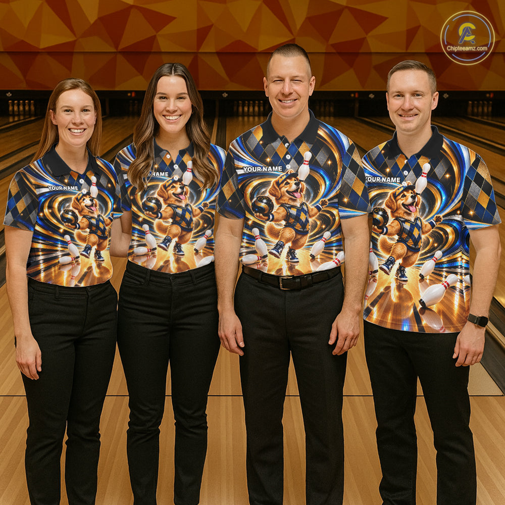 Custom Swirl Argyle Golden Retriever Bowling Polo 1/4-Zip Shirt For Men Funny Youth Bowling Team Jerseys NYN4949