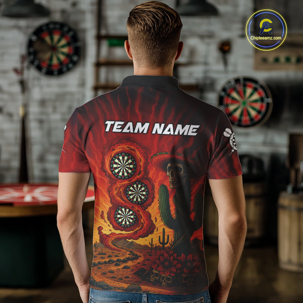 Custom Cactus Sombrero Skull Smoke Flames Dartboard Men Polo Dart Shirt Dart Gifts NYN2030
