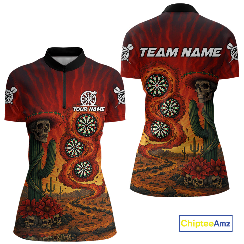 Custom Cactus Sombrero Skull Smoke Flames Dartboard Women Quarter-Zip Dart Shirt Dart Gifts NYN2030
