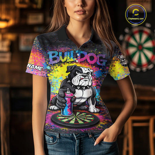 Custom Funny Bulldog Colorful Paint Women Darts Polo League Shirts Splash Dart Team Jerseys NYN2253