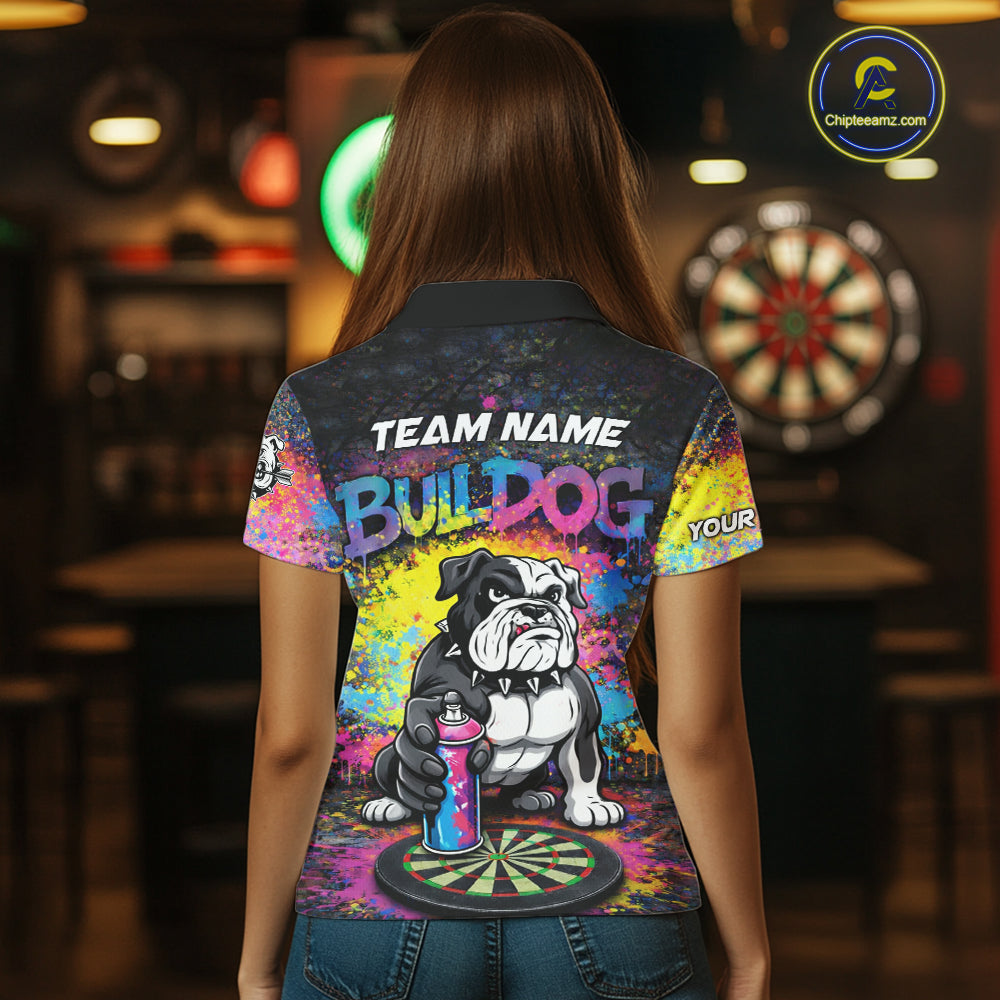Custom Funny Bulldog Colorful Paint Women Darts Polo League Shirts Splash Dart Team Jerseys NYN2253