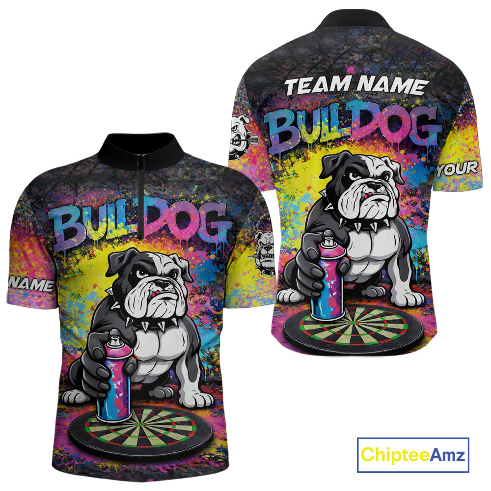 Custom Funny Bulldog Colorful Paint Men Darts Quarter-Zip League Shirts Splash Dart Team Jerseys NYN2253