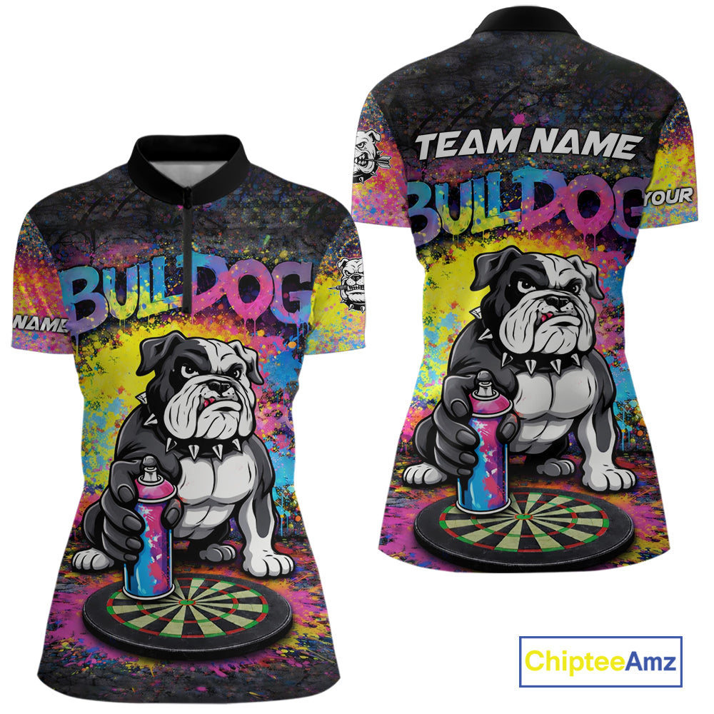Custom Funny Bulldog Colorful Paint Men Darts Quarter-Zip League Shirts Splash Dart Team Jerseys NYN2253