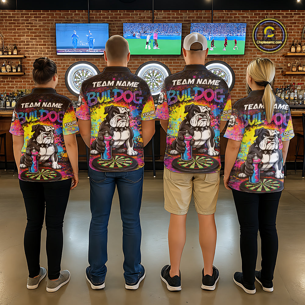 Custom Funny Bulldog Colorful Paint Men Darts Quarter-Zip League Shirts Splash Dart Team Jerseys NYN2253