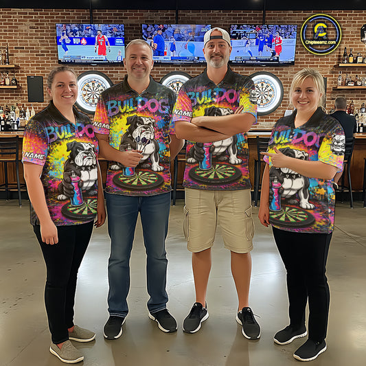 Custom Funny Bulldog Colorful Paint Men Darts Quarter-Zip League Shirts Splash Dart Team Jerseys NYN2253