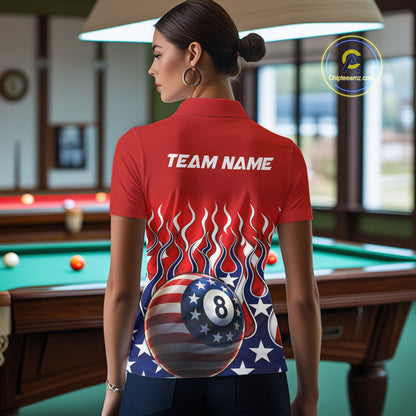 Custom Fire Flame US Flag Pool 8 Ball Women's Billiard Shirt Patriotic Billiard Team Attire NYN2545