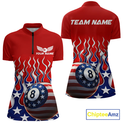 Custom Fire Flame US Flag Pool 8 Ball Women's Billiard Shirt Patriotic Billiard Team Attire NYN2545