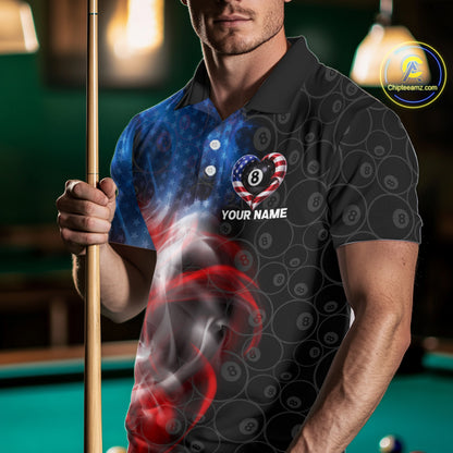 Heart US Flag Pool 8 Ball Men's Billiard Shirt Custom Couple Patriotic Billiard Attire NYN2549