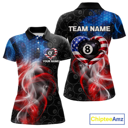 Heart US Flag Pool 8 Ball Women's Billiard Shirt Custom Couple Patriotic Billiard Attire NYN2549