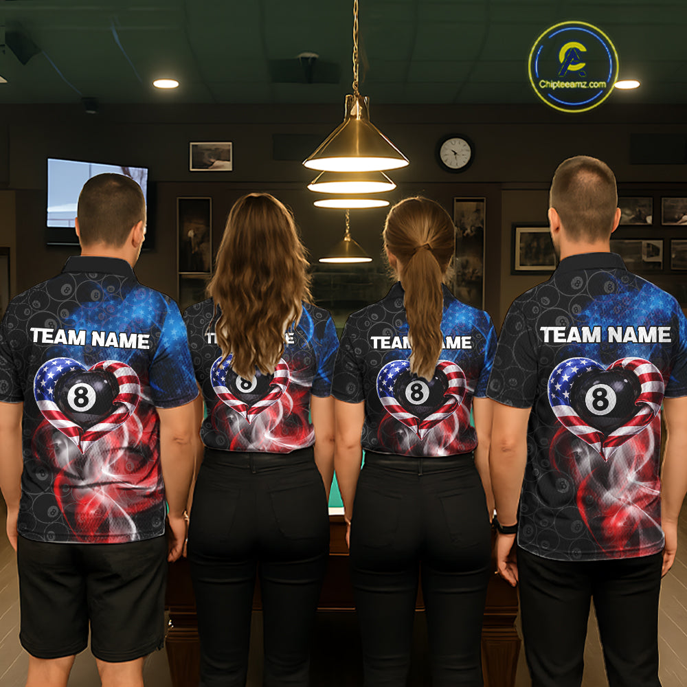 Heart US Flag Pool 8 Ball Women's Billiard Shirt Custom Couple Patriotic Billiard Attire NYN2549