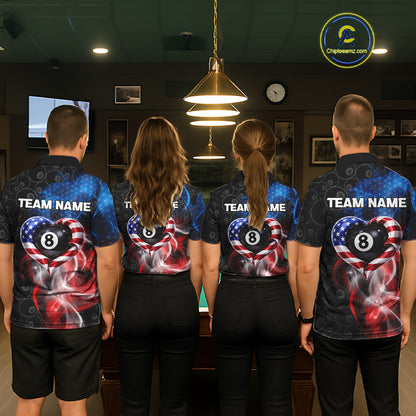 Heart US Flag Pool 8 Ball Women's Billiard Shirt Custom Couple Patriotic Billiard Attire NYN2549