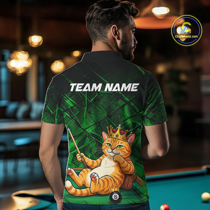 Funny Cat Crown 8 Ball Pool Billiard Shirts For Men Custom Green Grunge Billiard Polo & 1/4-Zip Jersey NYN3314