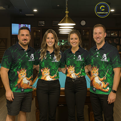 Funny Cat Crown 8 Ball Pool Billiard Shirts For Women Custom Green Grunge Billiard Polo & 1/4-Zip Jersey NYN3314