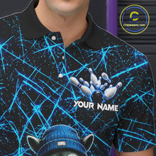 Load image into Gallery viewer, Male bowler wearing cool raccoon bowling jersey, neon blue lightning bowling shirt, personalized bowling team apparel