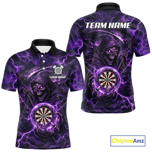 Custom Lightning Grim Reaper Men Darts Polo Quarter-Zip Shirt Purple Thunder Skull Dart Team Jerseys NYN4199