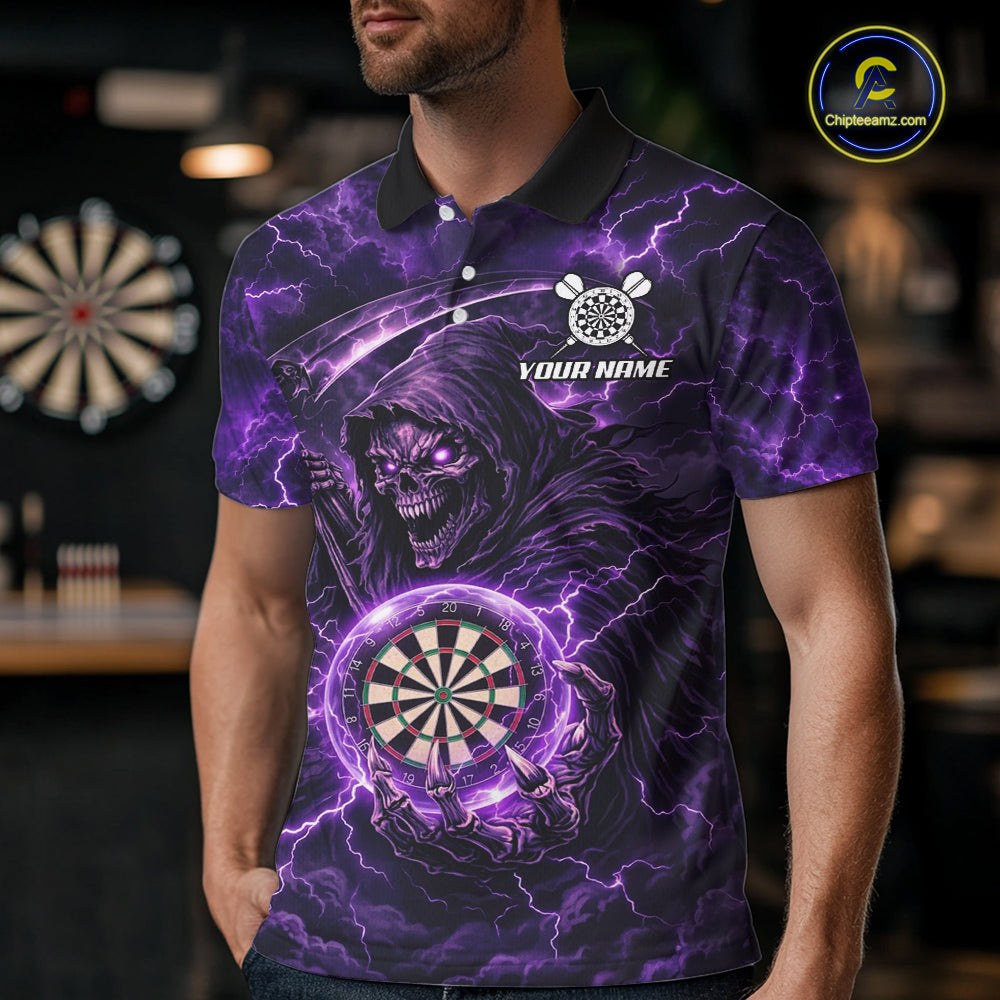 Custom Lightning Grim Reaper Men Darts Polo Quarter-Zip Shirt Purple Thunder Skull Dart Team Jerseys NYN4199