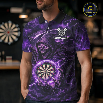 Custom Lightning Grim Reaper Men Darts Polo Quarter-Zip Shirt Purple Thunder Skull Dart Team Jerseys NYN4199