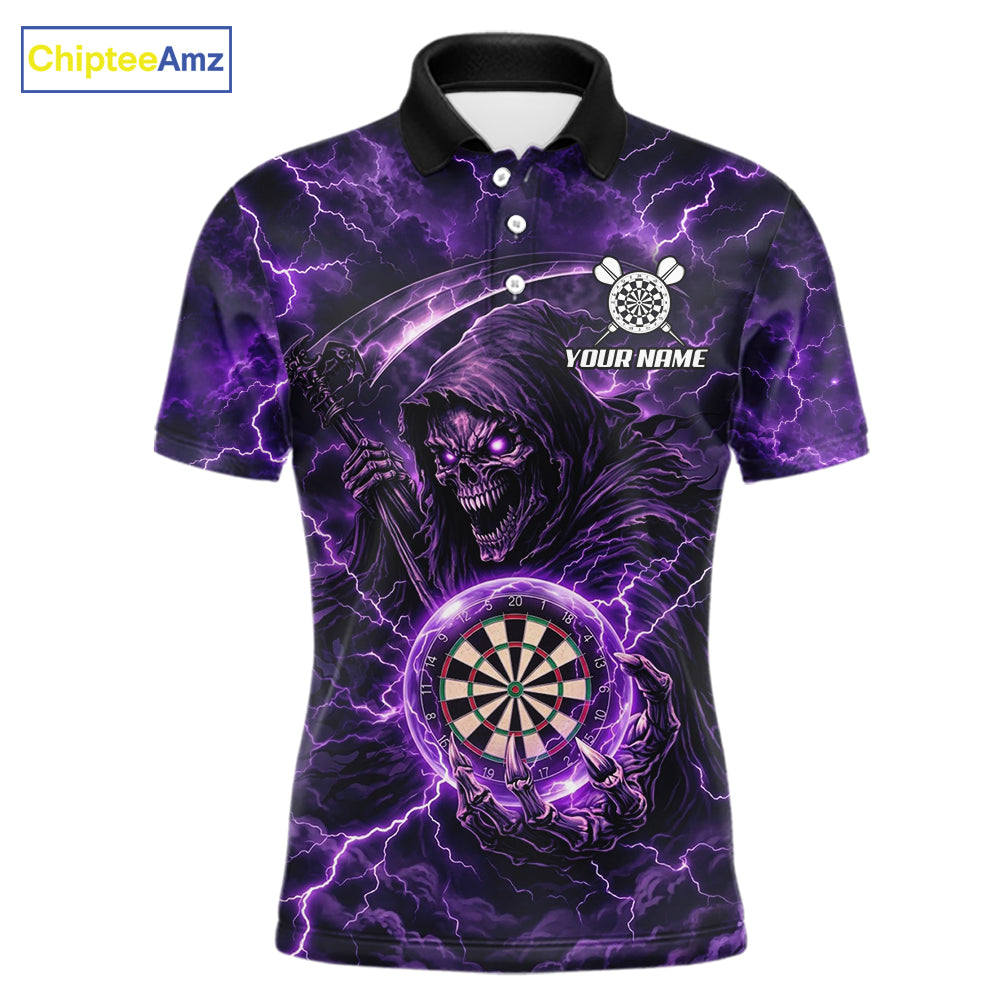Custom Lightning Grim Reaper Men Darts Polo Quarter-Zip Shirt Purple Thunder Skull Dart Team Jerseys NYN4199
