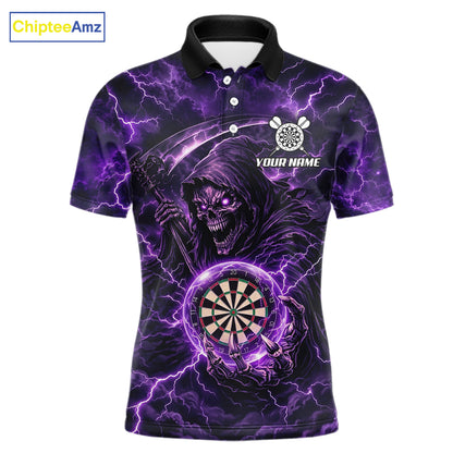 Custom Lightning Grim Reaper Men Darts Polo Quarter-Zip Shirt Purple Thunder Skull Dart Team Jerseys NYN4199