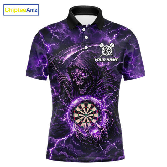 Custom Lightning Grim Reaper Men Darts Polo Quarter-Zip Shirt Purple Thunder Skull Dart Team Jerseys NYN4199