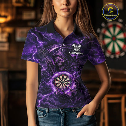 Custom Lightning Grim Reaper Women Darts Polo Quarter-Zip Shirt Purple Thunder Skull Dart Team Jerseys NYN4199