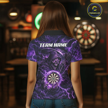 Custom Lightning Grim Reaper Women Darts Polo Quarter-Zip Shirt Purple Thunder Skull Dart Team Jerseys NYN4199