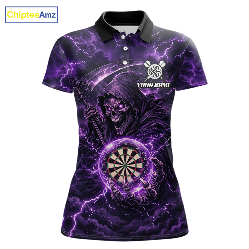 Custom Lightning Grim Reaper Women Darts Polo Quarter-Zip Shirt Purple Thunder Skull Dart Team Jerseys NYN4199