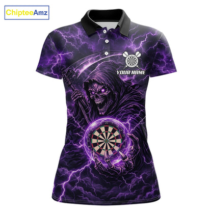 Custom Lightning Grim Reaper Women Darts Polo Quarter-Zip Shirt Purple Thunder Skull Dart Team Jerseys NYN4199