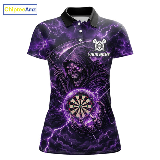Custom Lightning Grim Reaper Women Darts Polo Quarter-Zip Shirt Purple Thunder Skull Dart Team Jerseys NYN4199