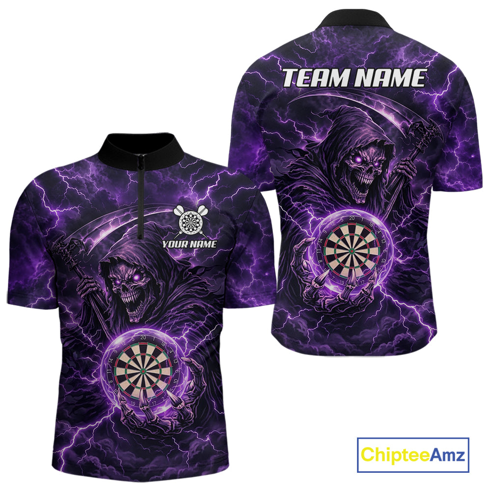 Custom Lightning Grim Reaper Men Darts Polo Quarter-Zip Shirt Purple Thunder Skull Dart Team Jerseys NYN4199