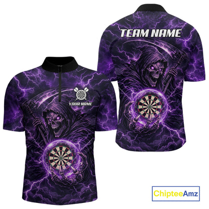 Custom Lightning Grim Reaper Men Darts Polo Quarter-Zip Shirt Purple Thunder Skull Dart Team Jerseys NYN4199