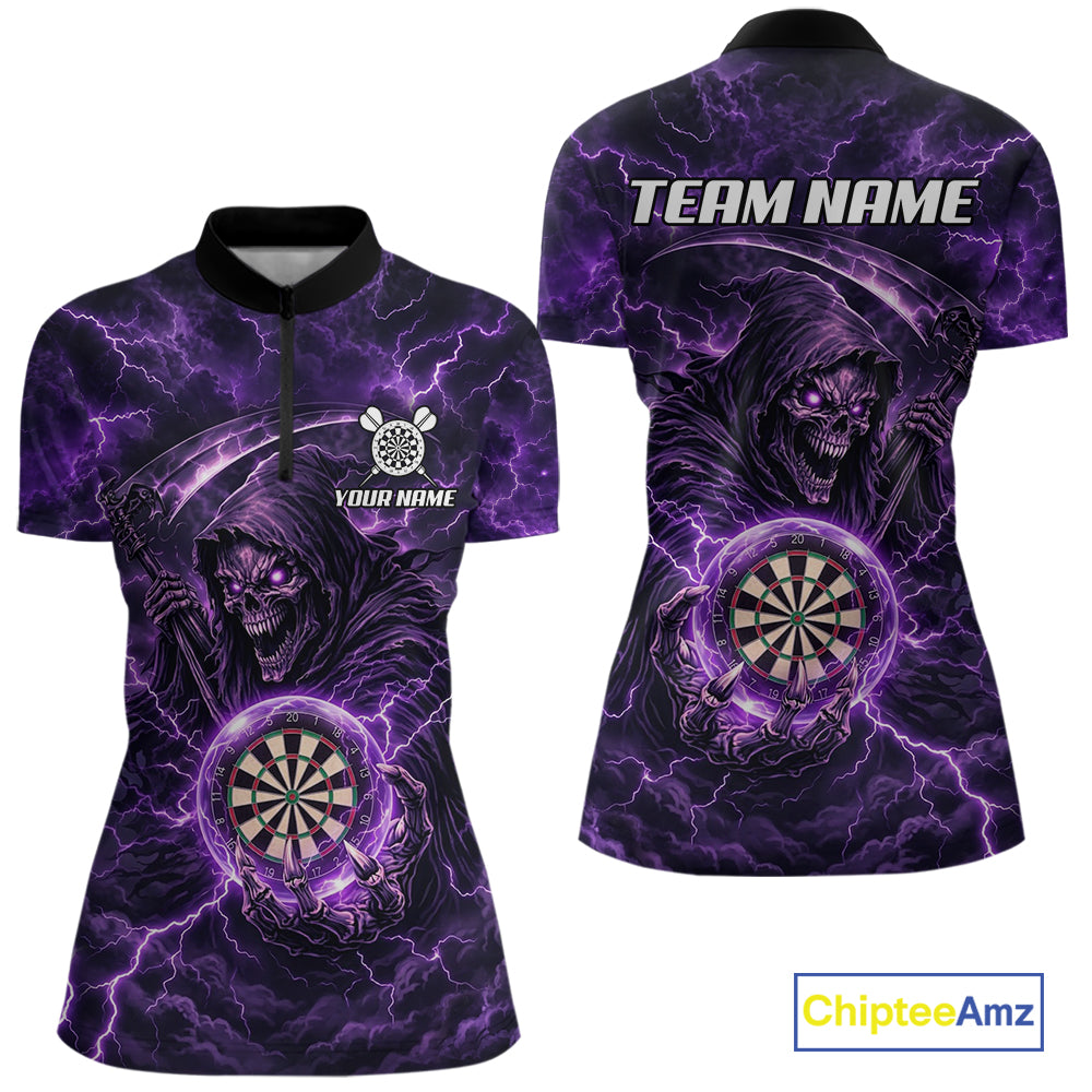 Custom Lightning Grim Reaper Women Darts Polo Quarter-Zip Shirt Purple Thunder Skull Dart Team Jerseys NYN4199
