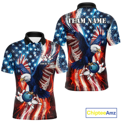 Mens Splatter American Flag Eagle Bowling Polo 1/4-Zip Shirts Custom Patriotic Bowling Team Jersey NYN4200