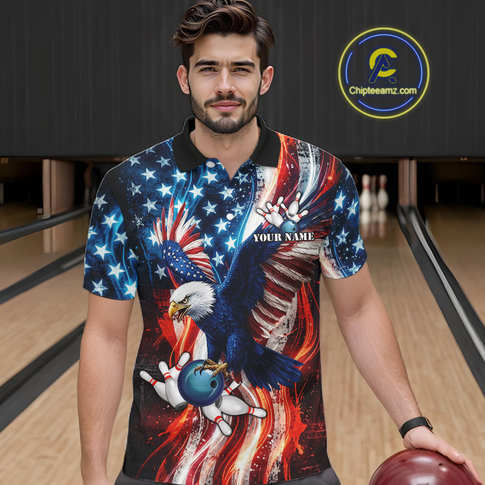 Mens Splatter American Flag Eagle Bowling Polo 1/4-Zip Shirts Custom Patriotic Bowling Team Jersey NYN4200