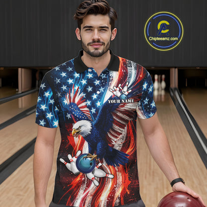 Mens Splatter American Flag Eagle Bowling Polo 1/4-Zip Shirts Custom Patriotic Bowling Team Jersey NYN4200