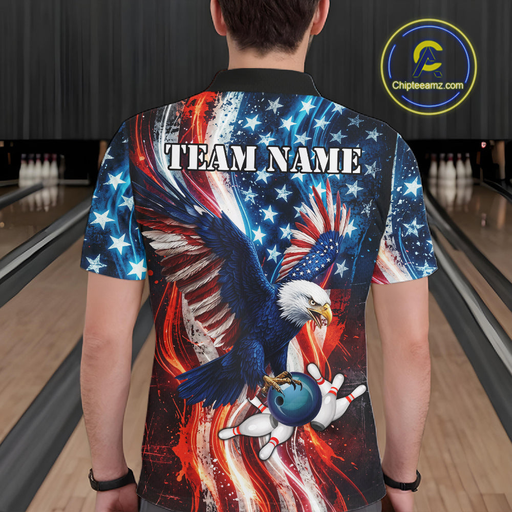 Mens Splatter American Flag Eagle Bowling Polo 1/4-Zip Shirts Custom Patriotic Bowling Team Jersey NYN4200