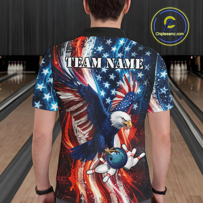 Mens Splatter American Flag Eagle Bowling Polo 1/4-Zip Shirts Custom Patriotic Bowling Team Jersey NYN4200