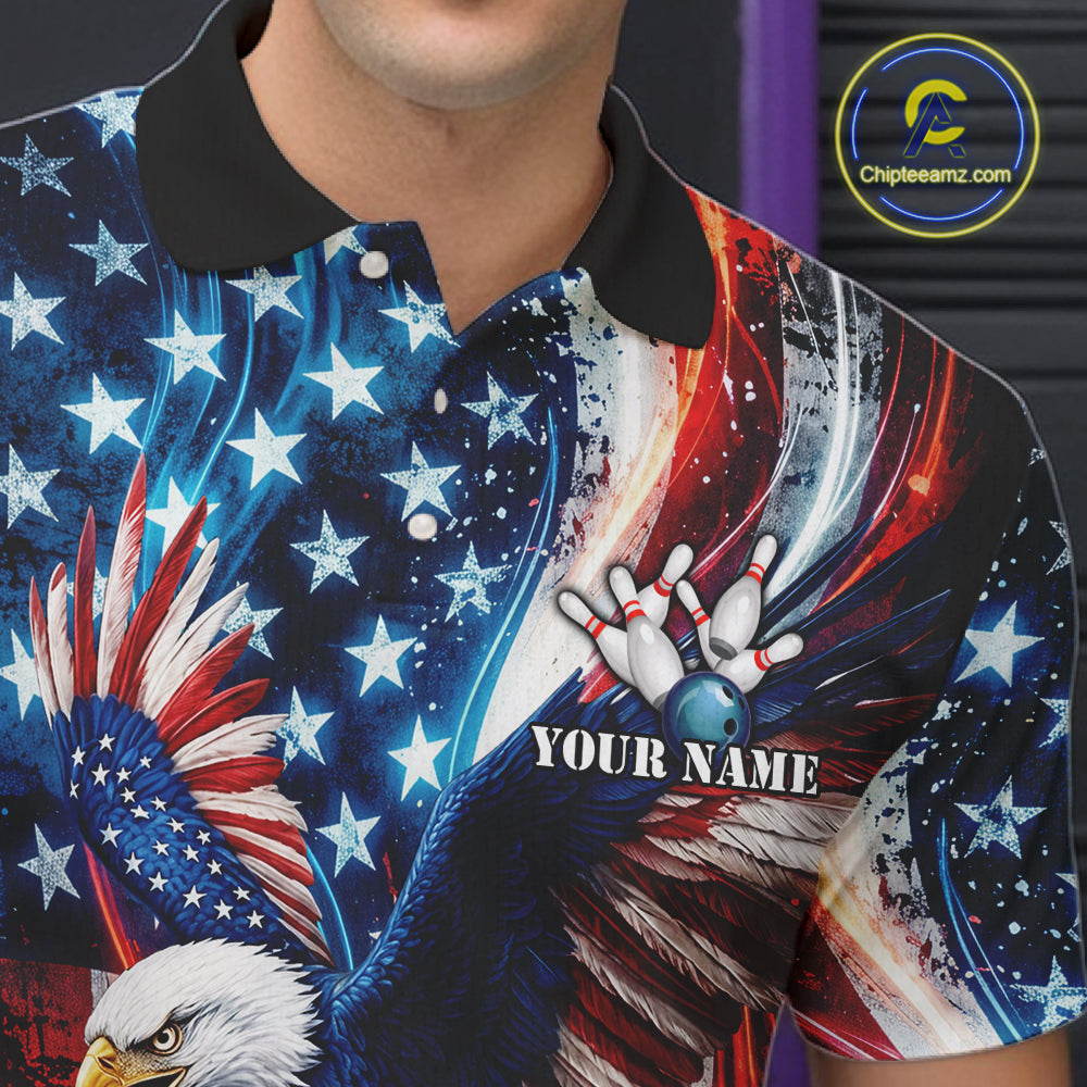 Mens Splatter American Flag Eagle Bowling Polo 1/4-Zip Shirts Custom Patriotic Bowling Team Jersey NYN4200