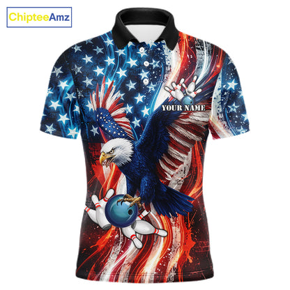 Mens Splatter American Flag Eagle Bowling Polo 1/4-Zip Shirts Custom Patriotic Bowling Team Jersey NYN4200