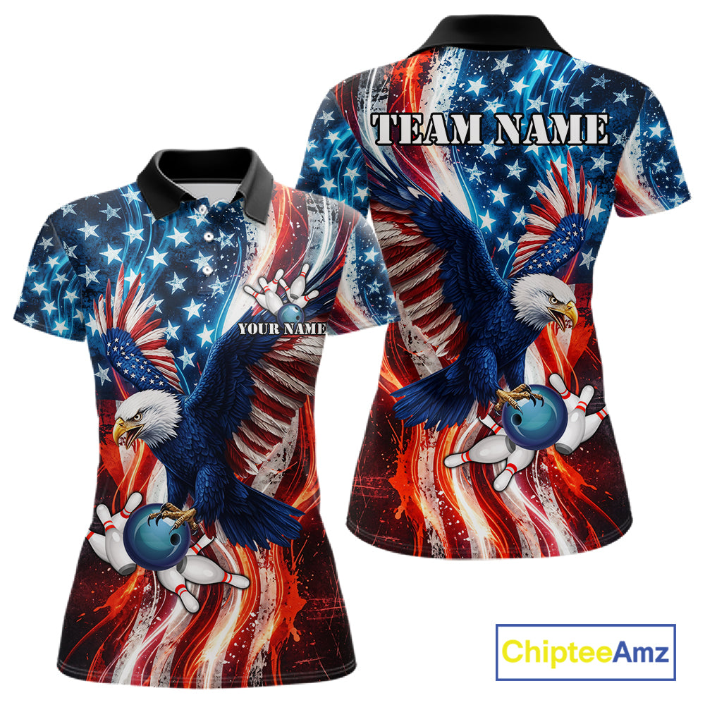 Women Splatter American Flag Eagle Bowling Polo 1/4-Zip Shirts Custom Patriotic Bowling Team Jersey NYN4200
