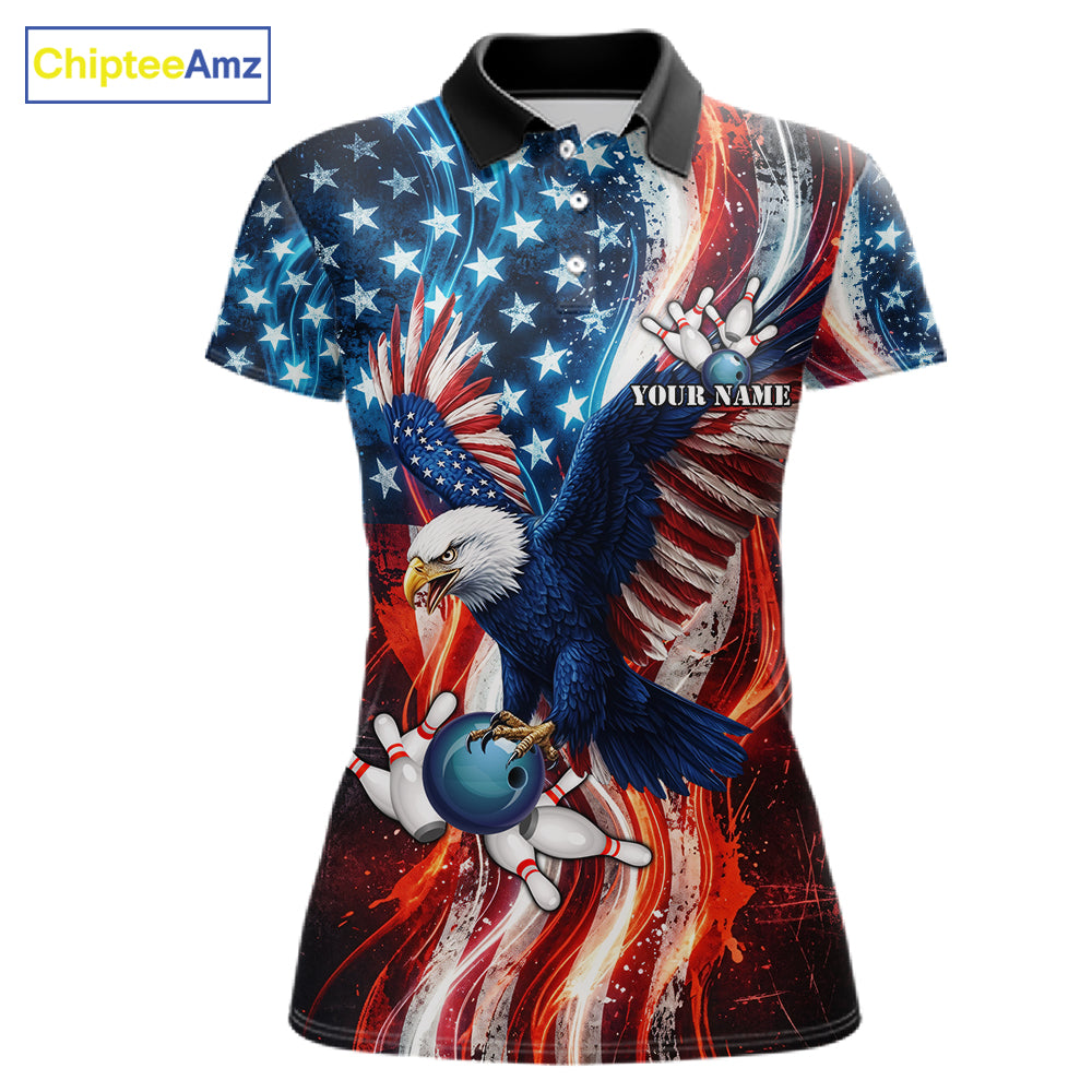 Women Splatter American Flag Eagle Bowling Polo 1/4-Zip Shirts Custom Patriotic Bowling Team Jersey NYN4200