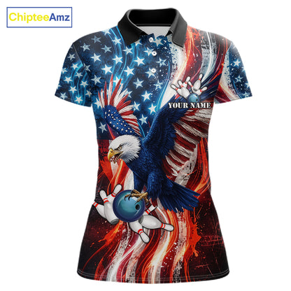 Women Splatter American Flag Eagle Bowling Polo 1/4-Zip Shirts Custom Patriotic Bowling Team Jersey NYN4200
