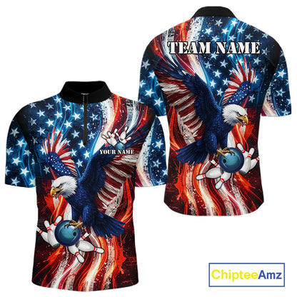 Mens Splatter American Flag Eagle Bowling Polo 1/4-Zip Shirts Custom Patriotic Bowling Team Jersey NYN4200