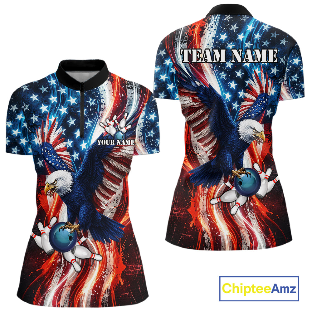 Women Splatter American Flag Eagle Bowling Polo 1/4-Zip Shirts Custom Patriotic Bowling Team Jersey NYN4200