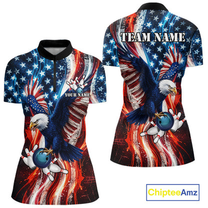 Women Splatter American Flag Eagle Bowling Polo 1/4-Zip Shirts Custom Patriotic Bowling Team Jersey NYN4200