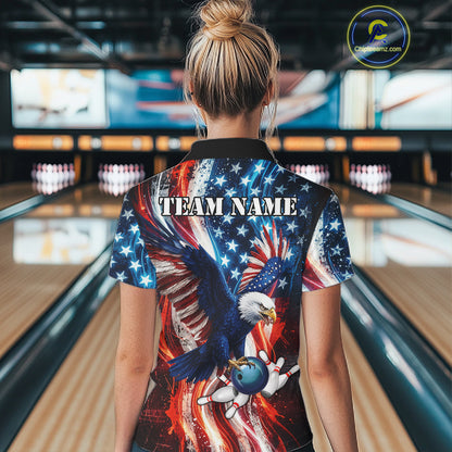Women Splatter American Flag Eagle Bowling Polo 1/4-Zip Shirts Custom Patriotic Bowling Team Jersey NYN4200