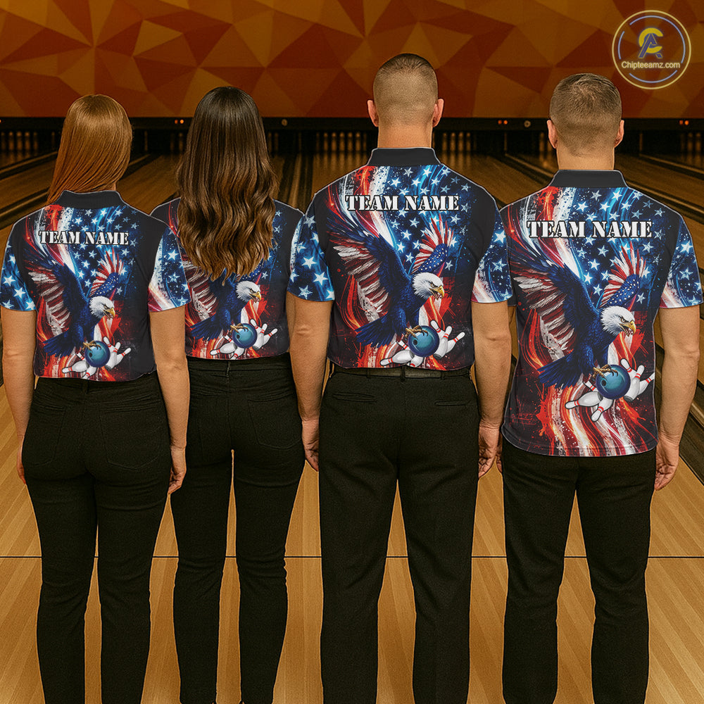 Mens Splatter American Flag Eagle Bowling Polo 1/4-Zip Shirts Custom Patriotic Bowling Team Jersey NYN4200