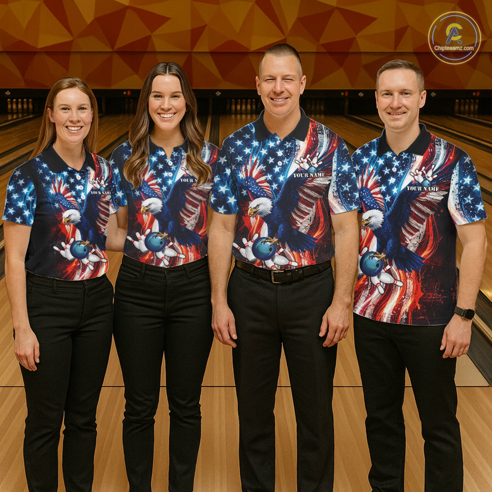 Mens Splatter American Flag Eagle Bowling Polo 1/4-Zip Shirts Custom Patriotic Bowling Team Jersey NYN4200