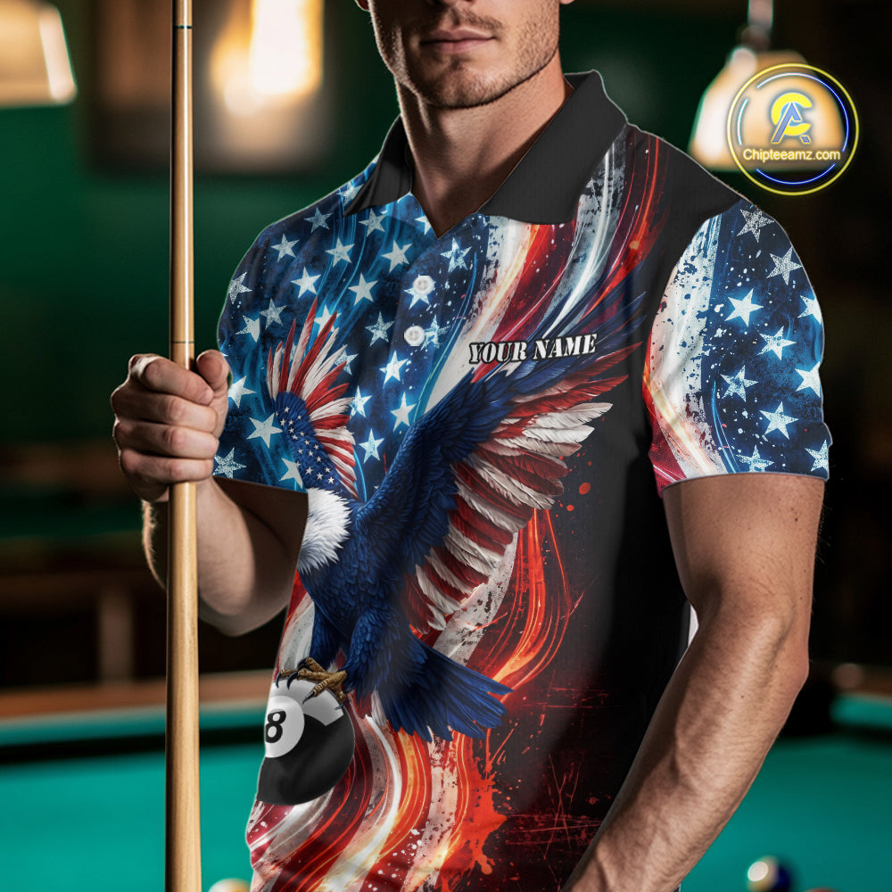 Mens Splatter American Flag Eagle 8 Ball Pool Billiard Shirts Custom Patriotic Billiard Team Jersey NYN4201