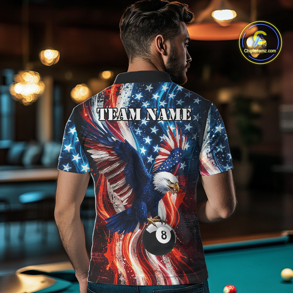 Mens Splatter American Flag Eagle 8 Ball Pool Billiard Shirts Custom Patriotic Billiard Team Jersey NYN4201